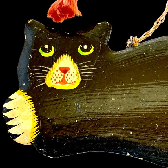 Vintage Wood Black Cat Christmas Hanging Ornament Hand Painted DOUBLE SIDED - Picture 6 of 8